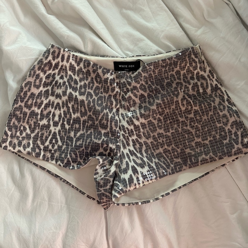 white fox cheetah sequin shorts